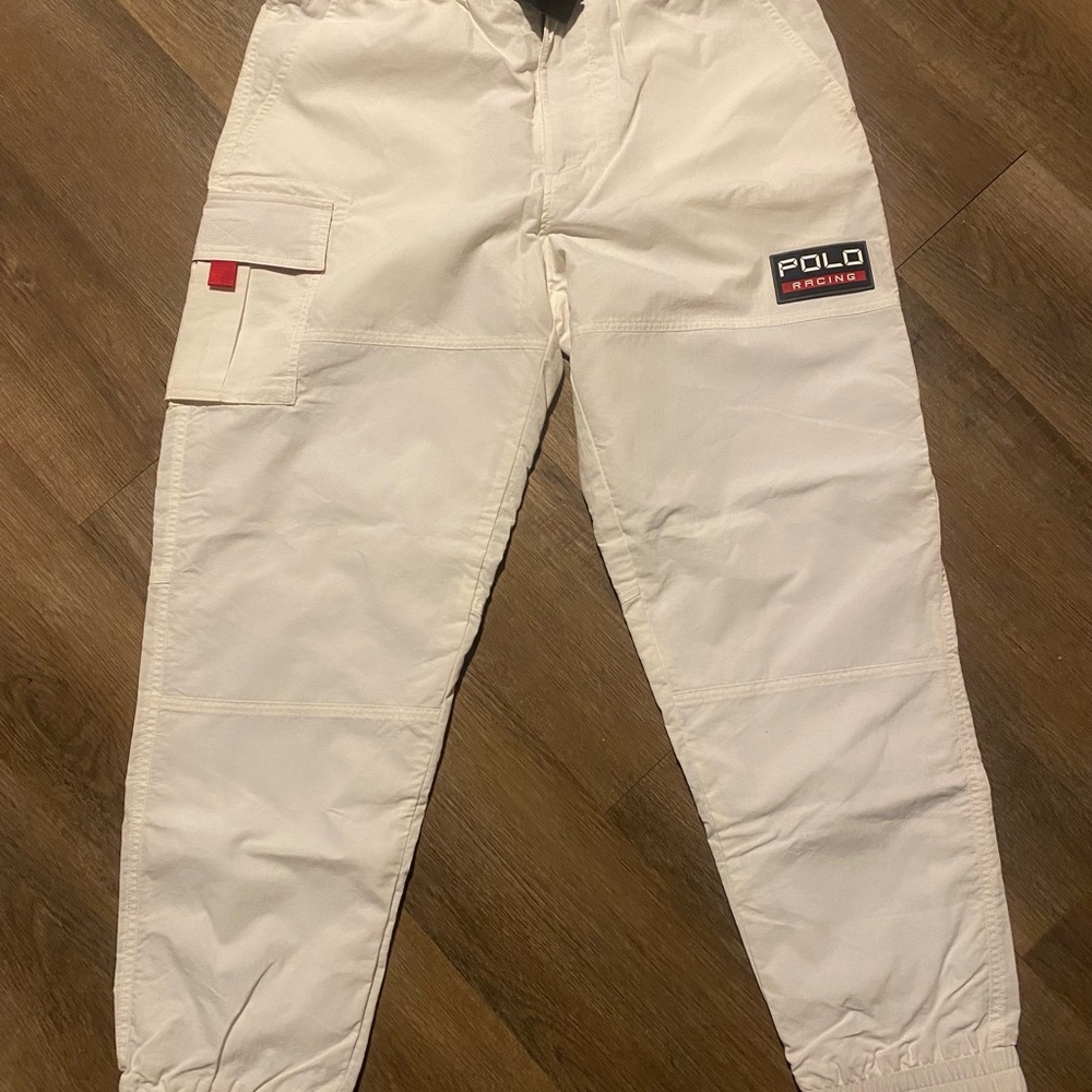 NWT Polo Racing White Cargo Joggers with adjustable belt Size Medium